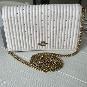 NWT Coach Callie Foldover Chain Clutch crossbody With Quilting and Rivets, Chalk